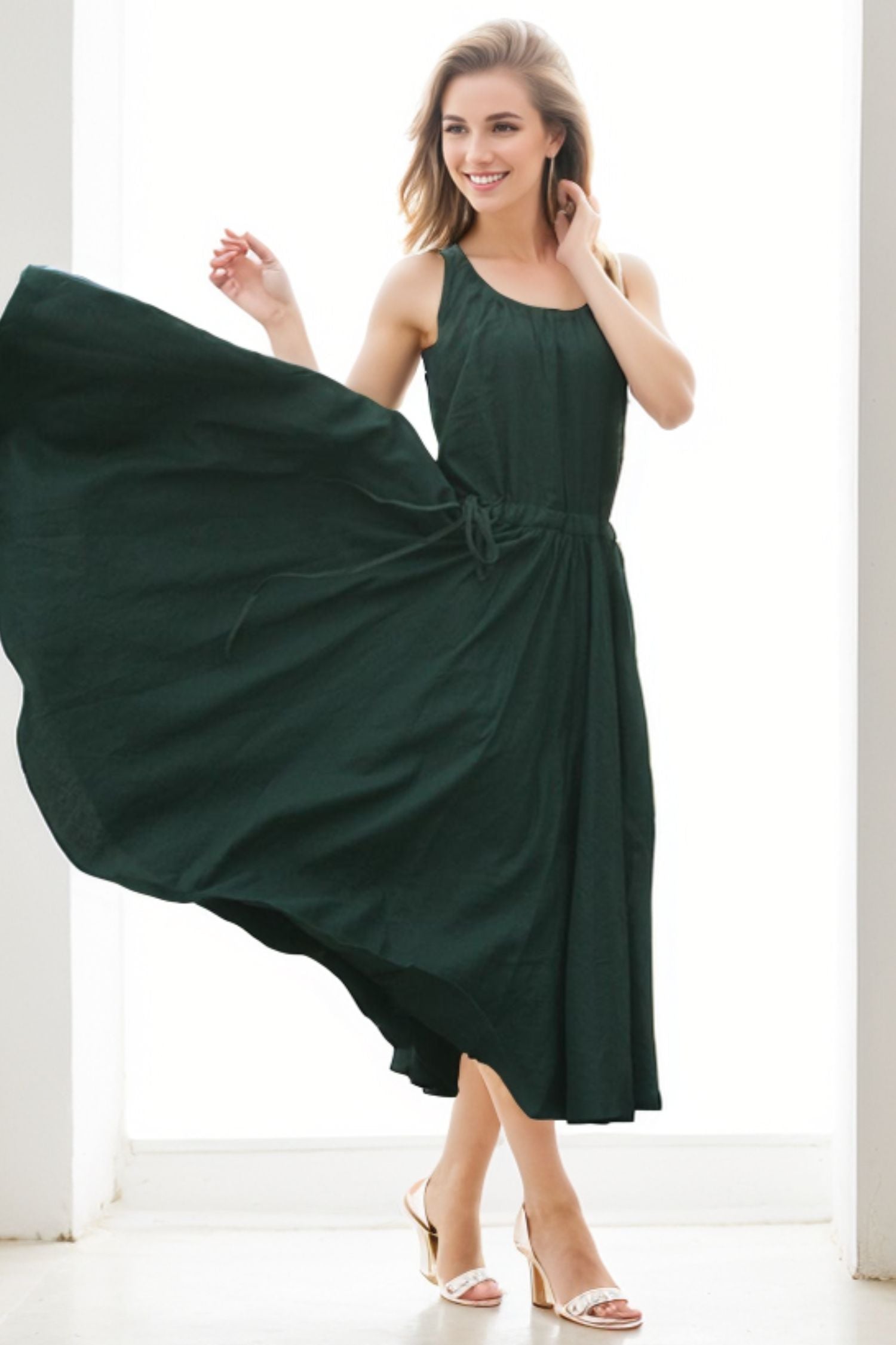 Green Sleeveless Linen Dress C152 YLISTYLE Green Sleeveless Linen Dress C152 YLISTYLE