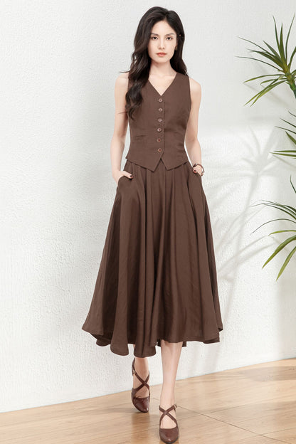 Brown Linen Swing Mid-Length A-Line Skirt C4764