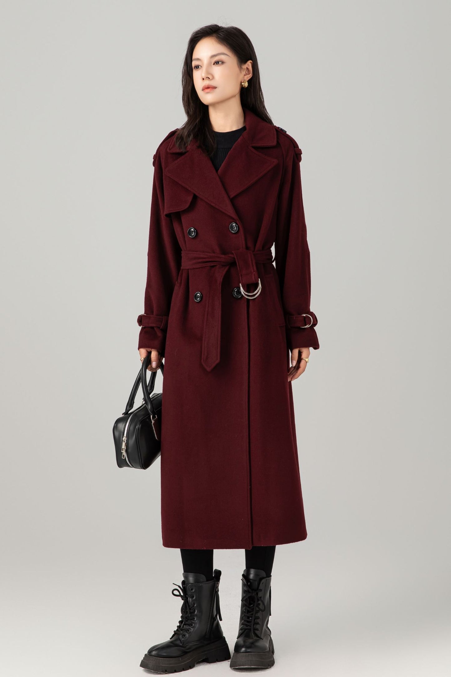 Burgundy wool maxi coat with self tie belt C5280