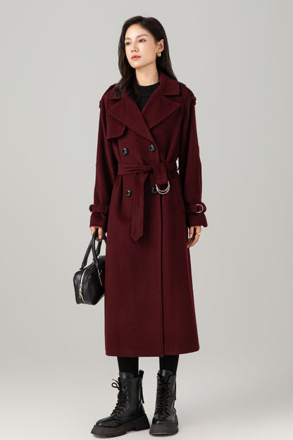 Burgundy wool maxi coat with self tie belt C5280