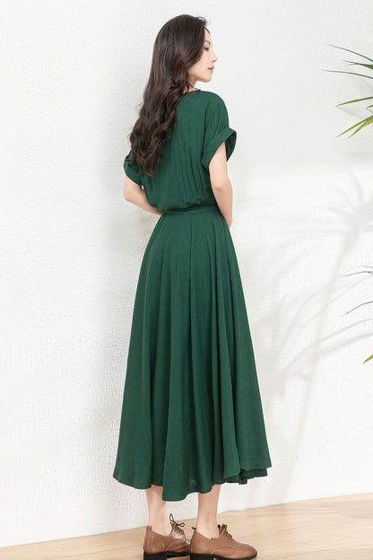 Linen midi swing green dress C4770