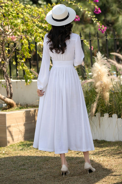 White Linen Cotton Midi Dress: Long Sleeve Button Front A-Line Summer Dress, Ylistyle C5445