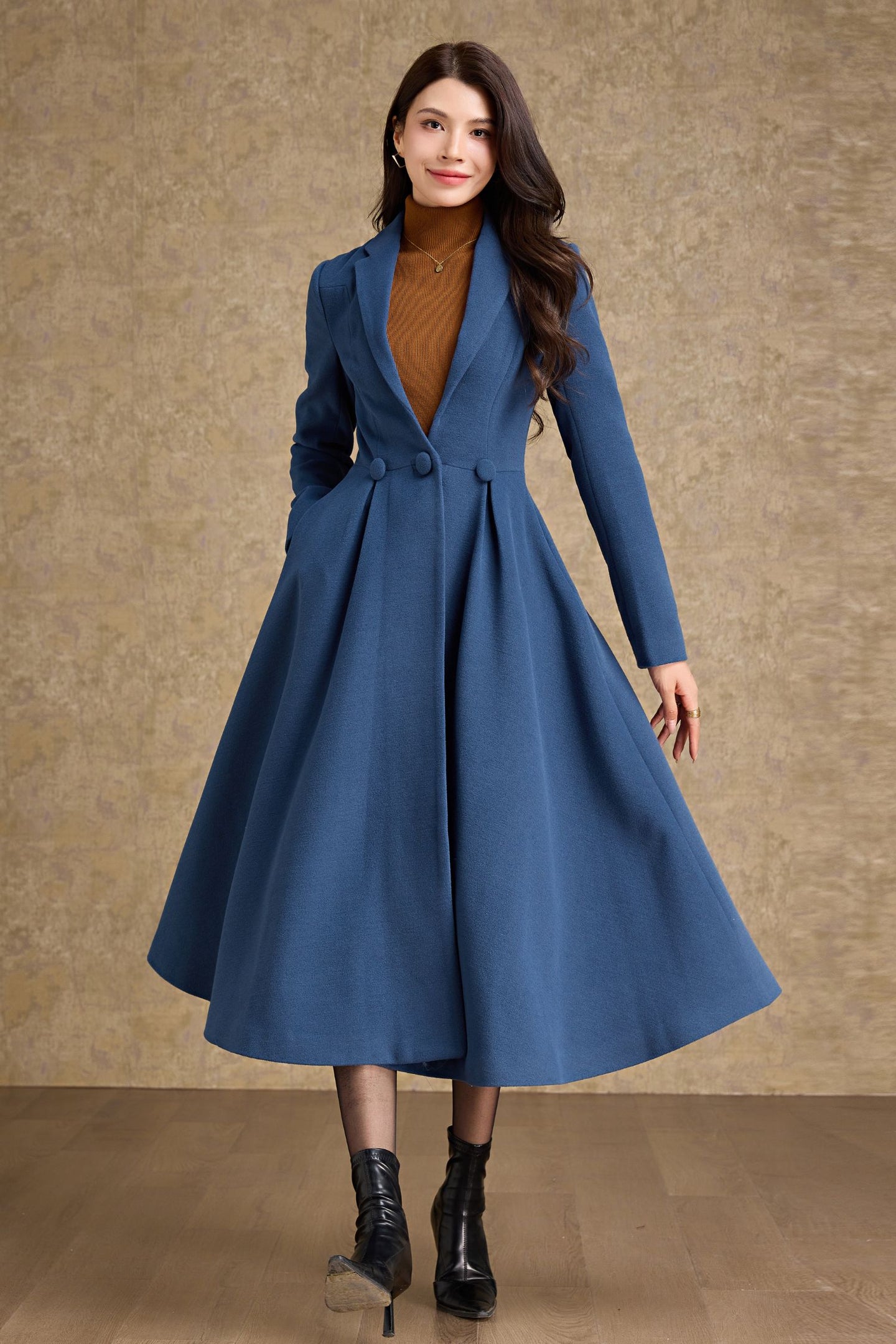 Long Blue Wool Princess Coat C4478