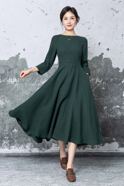 Dark Green Linen Midi Dress - Fit & Flare A-Line with Pockets c5460