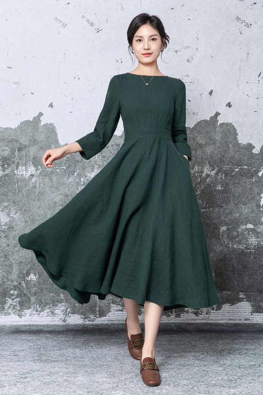 Dark Green Linen Midi Dress: 3/4 Sleeve Fit & Flare Dress with Pockets, Ylistyle C5460