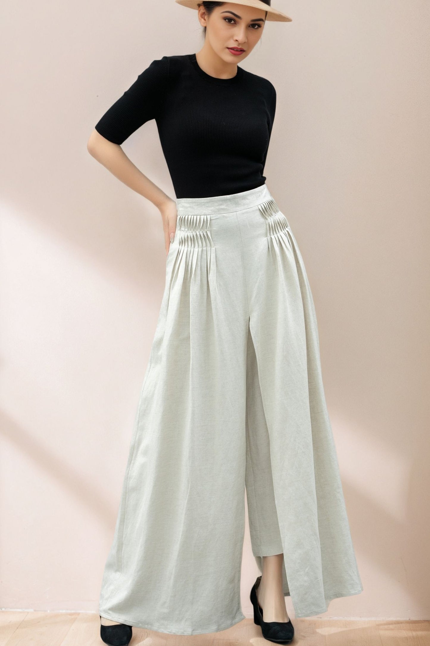 White Wide Leg Linen Palazzo Pant C5361