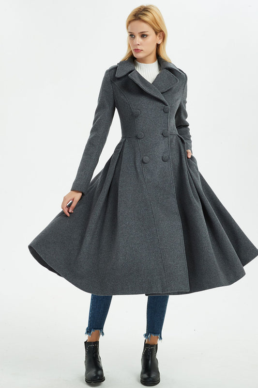 Double breasted long winter gray wool coat C1370