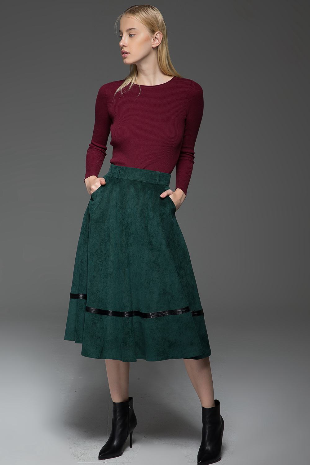 Womens Fall Green Corduroy A-line Midi Skirt C769
