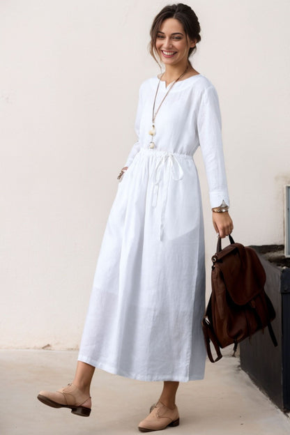 White Linen Casual Long Sleeve Drawstring Waist Dress C4617