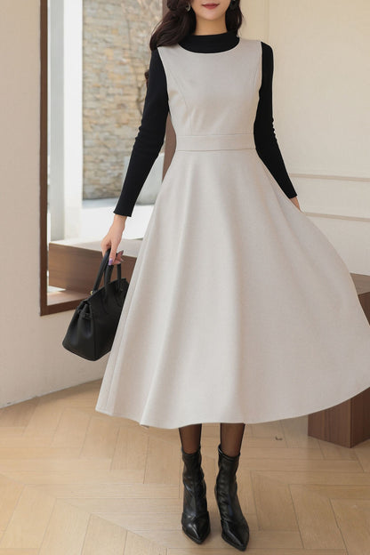 Sleeveless A-Line Midi Wool Dress C5193