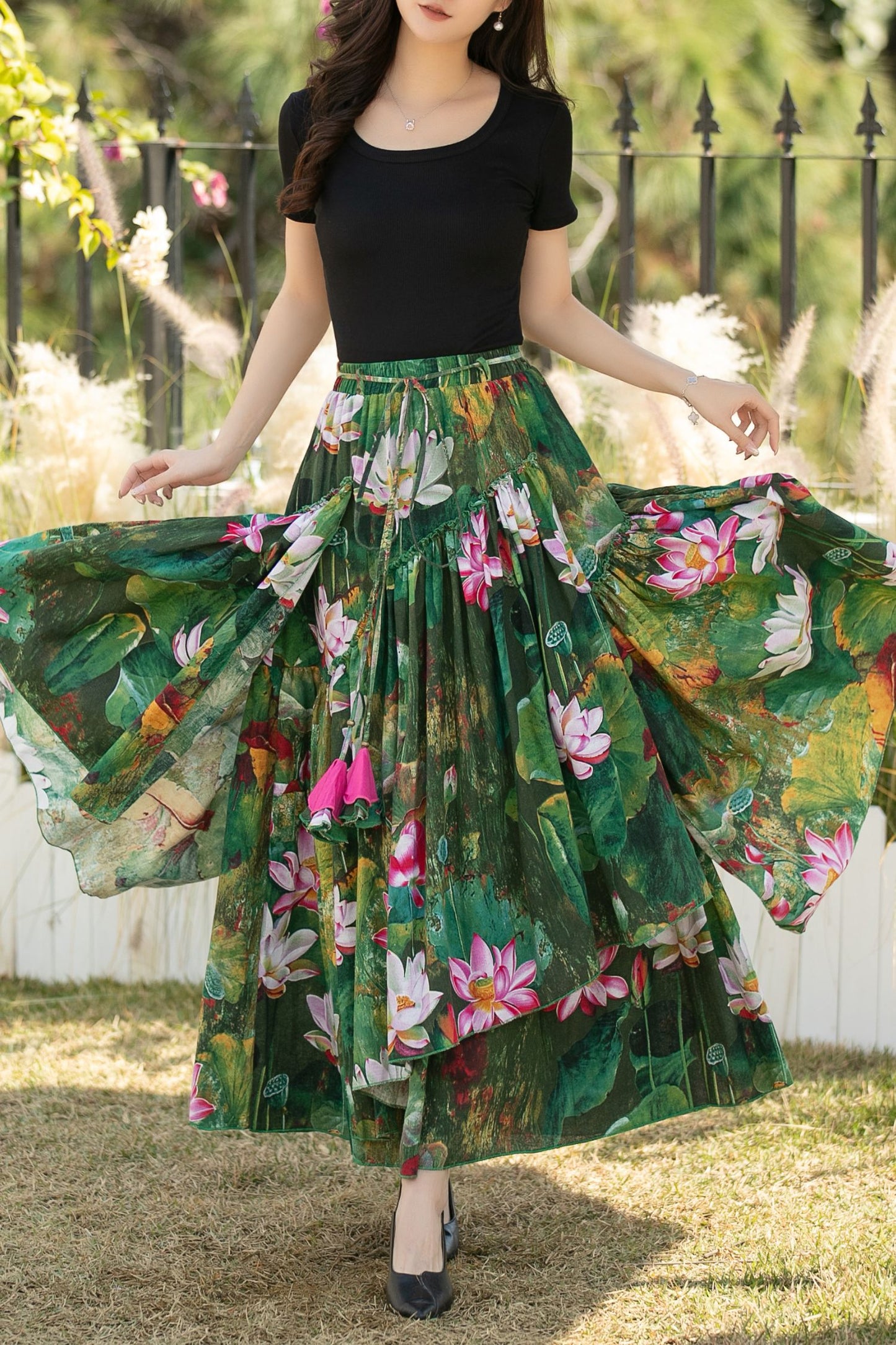 Green Floral Linen Cotton Maxi Skirt with Elastic waistband – High Waisted Pleated Full Skirt for Women, Ylistyle C5438