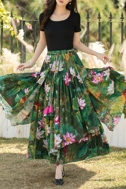 Green Floral Linen Cotton Maxi Skirt with Elastic waistband – High Waisted Pleated Full Skirt for Women, Ylistyle C5438