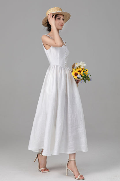 White Linen Maxi Dress - Square Neck Button Front, Pleated Waist C5526