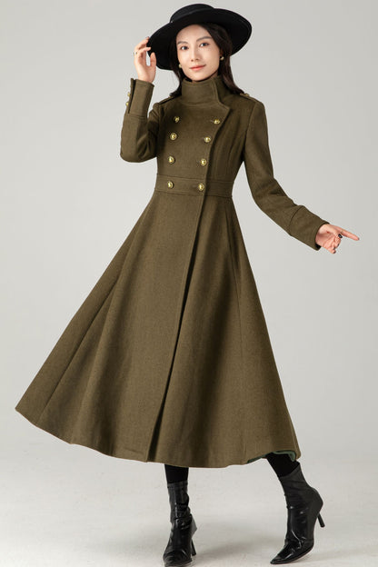 Green Wool Maxi Trench Coat: Double Breasted Long Winter Overcoat C5344