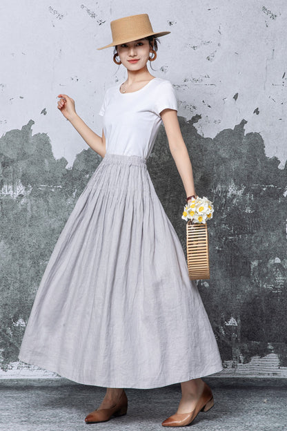 Gray Linen Maxi Skirt - Elastic Waist Pleated A-Line Silhouette c5466