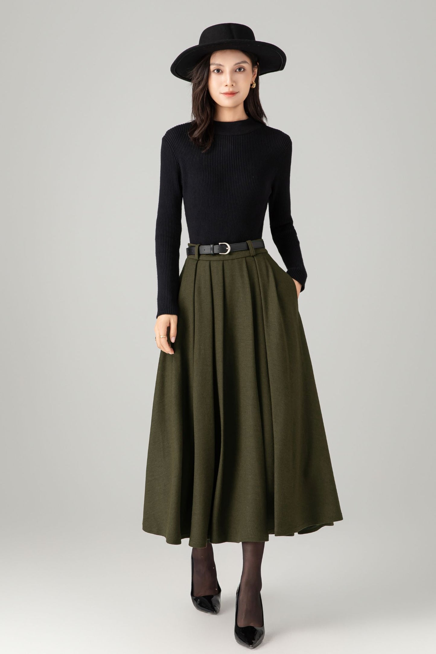 Army green midi winter wool skirt C5276