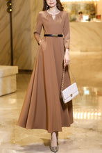 Load image into Gallery viewer, khaki waisted long spring and autumn dress C4183
