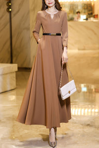 khaki waisted long spring and autumn dress C4183