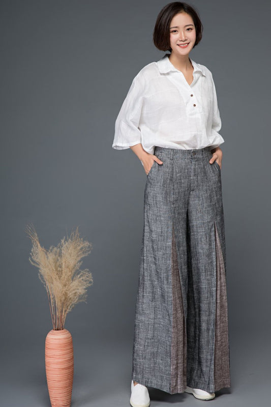 pleated linen womens wide leg pants C1152