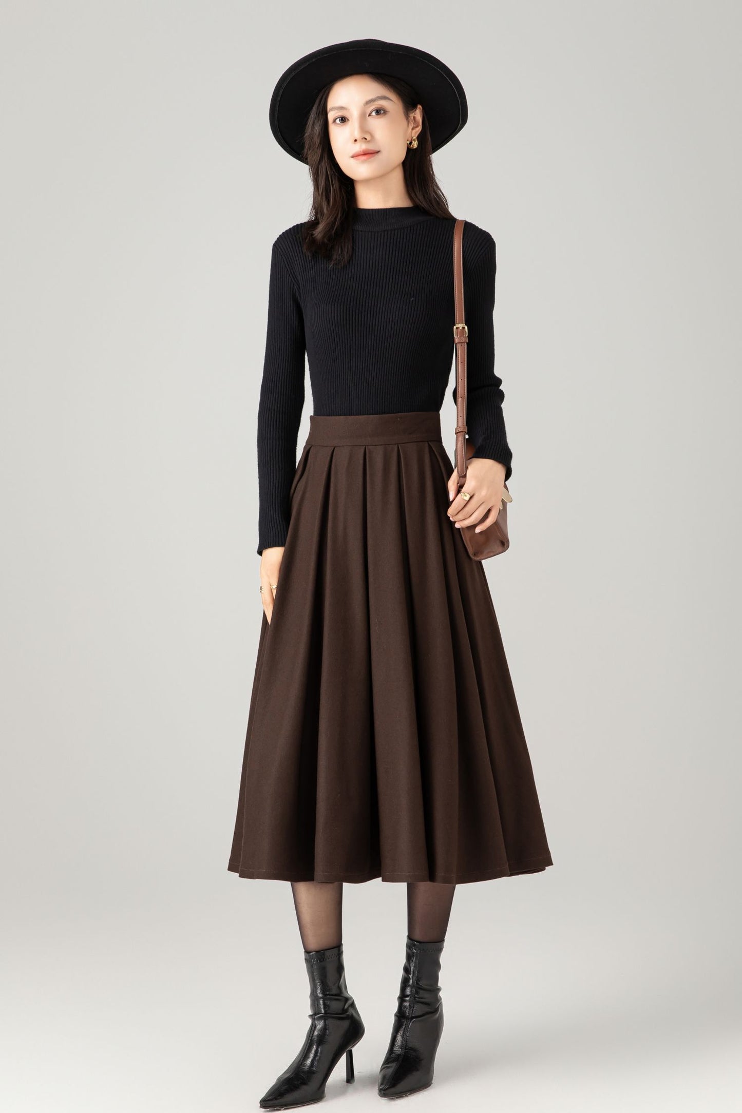 Pleated winter a line wool skirt women C5275