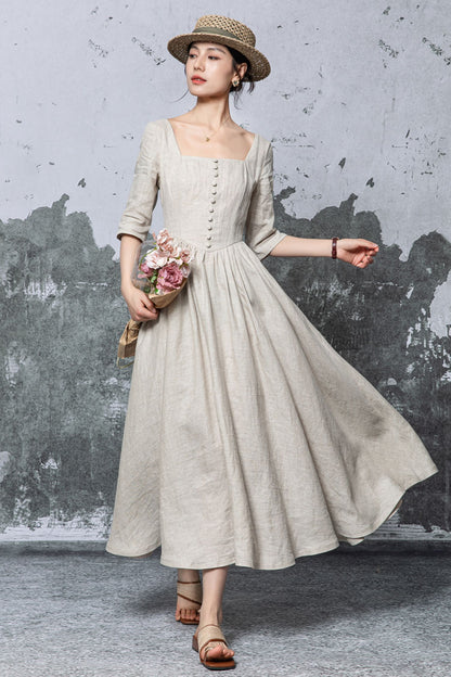 Beige Linen Maxi Dress - Square Neck, Empire Waist c5470