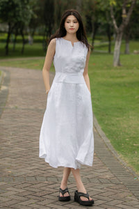 Sleeveless linen midi womens Dress C4013