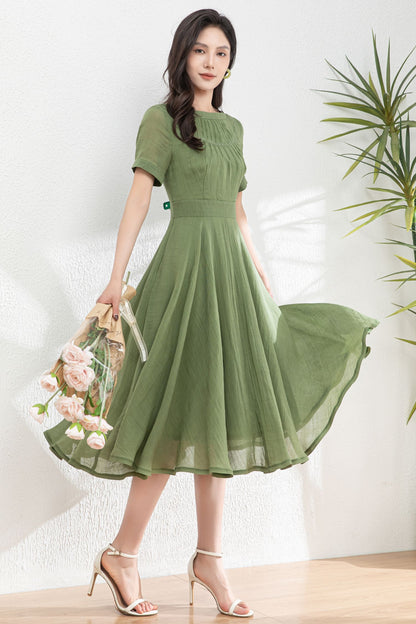 Green Women's swing Linen dress c4982