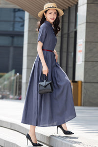 Summer Linen Button up Gray maxi Swing Dress C2829