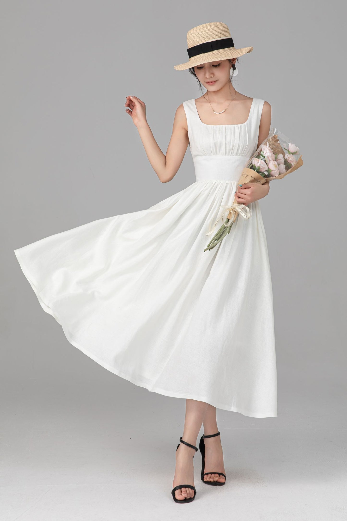Off White Linen Midi Dress - Sleeveless Square Neck A-Line Silhouette C5525