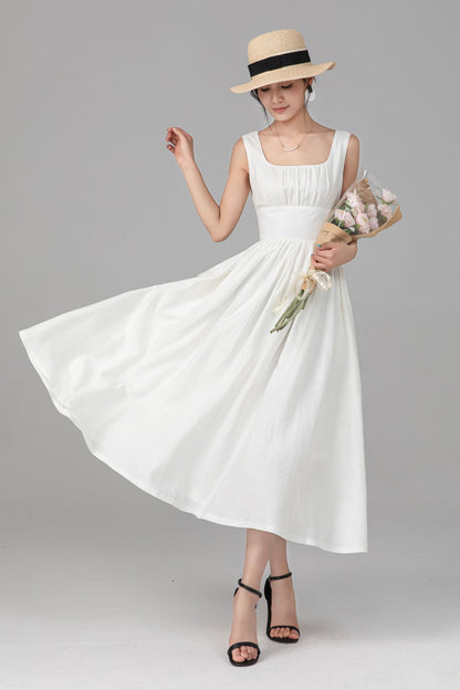 Off White Linen Midi Dress - Sleeveless Square Neck A-Line Silhouette C5525