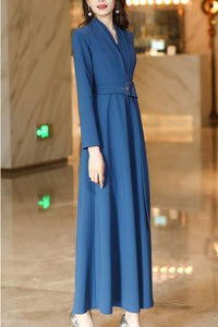 Women's blue spring and autumn V neck long dress C4187