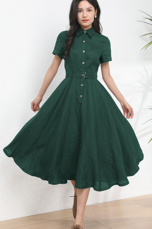 Dark Green Midi Linen Dress c4899