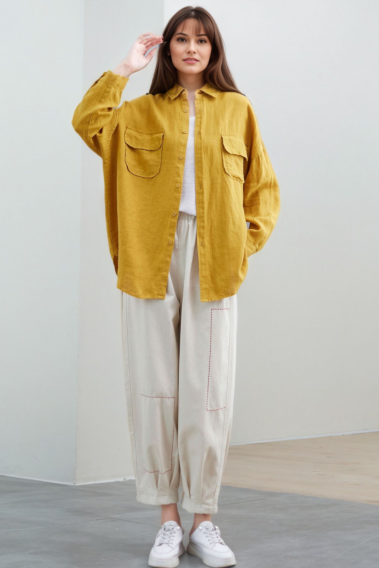 Yellow Linen Oversized Blouse: Women’s Button-Up Shirt with Patch Pockets, Ylistyle C5322