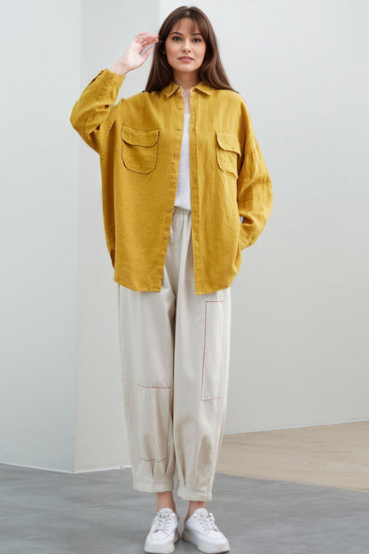 Yellow Linen Oversized Blouse: Women’s Button-Up Shirt with Patch Pockets, Ylistyle C5322