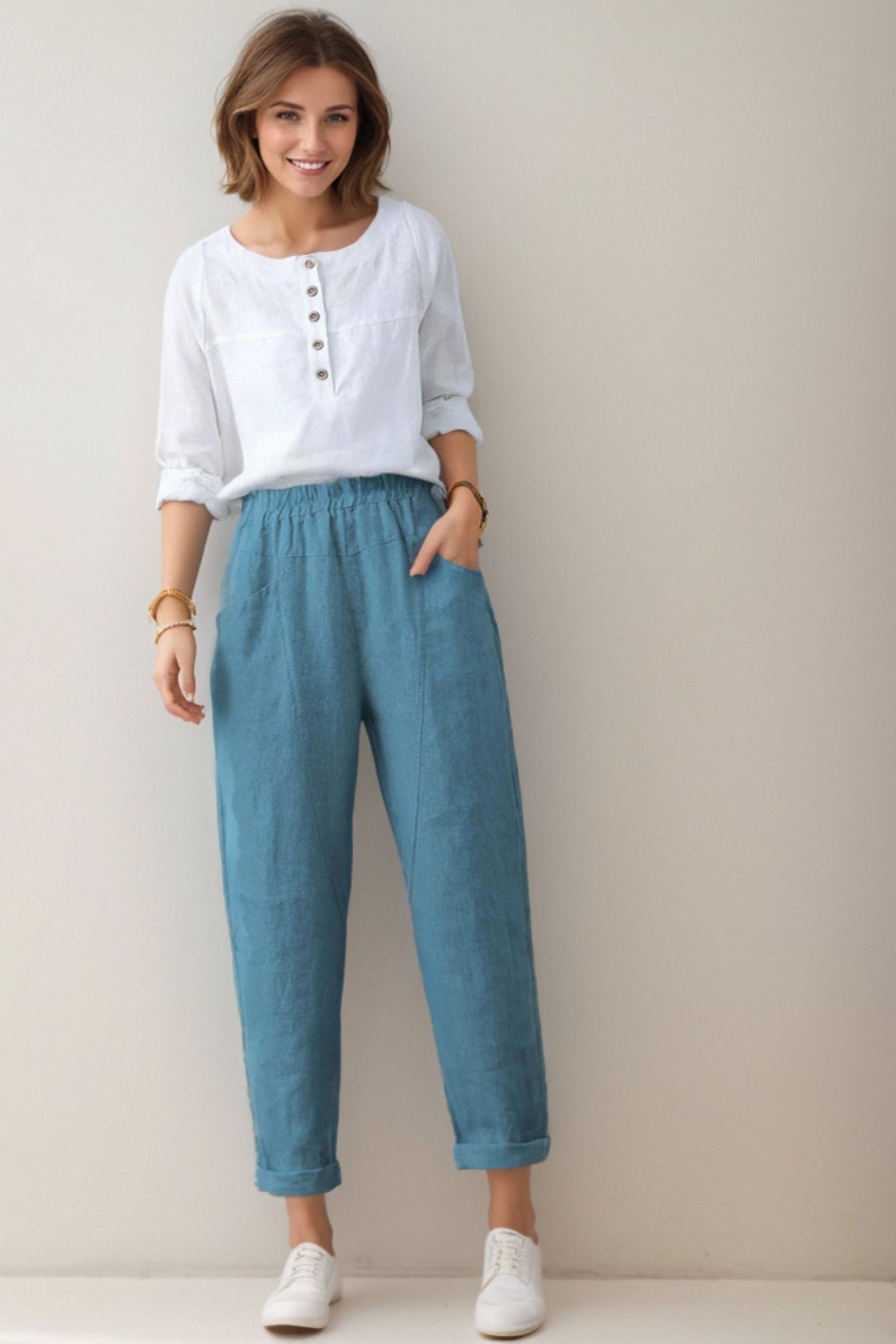 Casual Elastic Waist Cropped linen Pants C4305