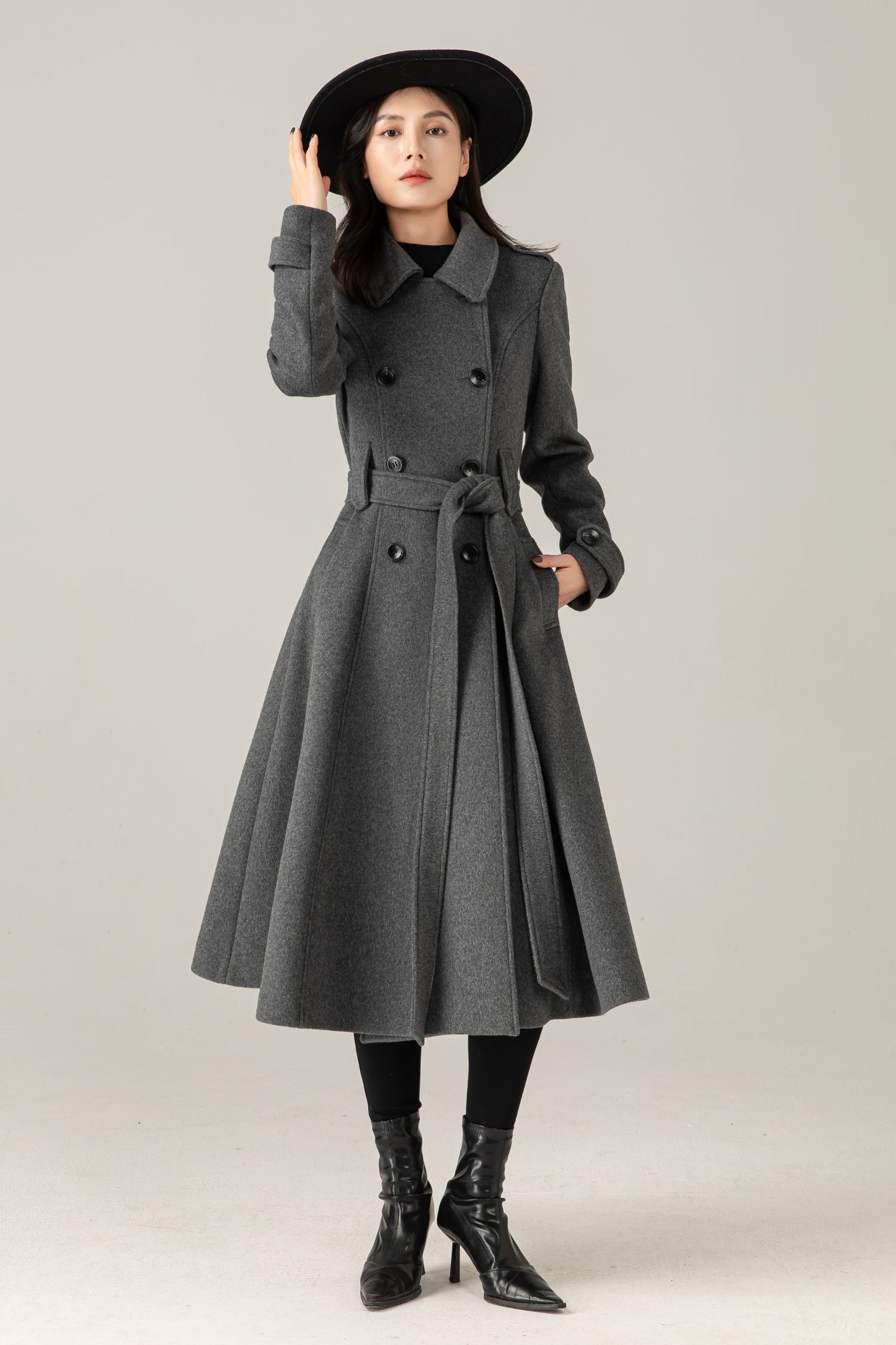 Gray Wool Blend Swing Coat: Double Breasted Belted Maxi Winter Overcoat, Ylistyle C5376