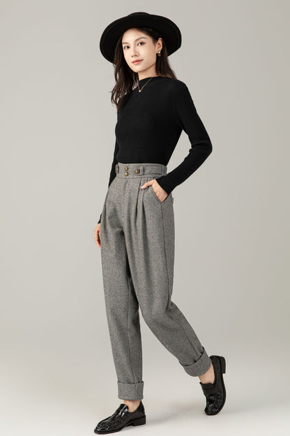High-Waist Wool Trousers: Vintage Grey Pleated Cuffed Pants C5247