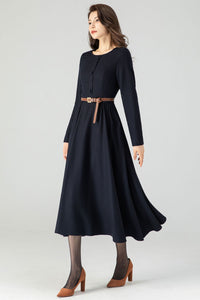 Navy Blue Midi Wool Dress C3616