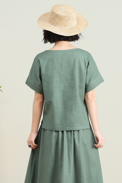 Green casual linen summer blouse C4727