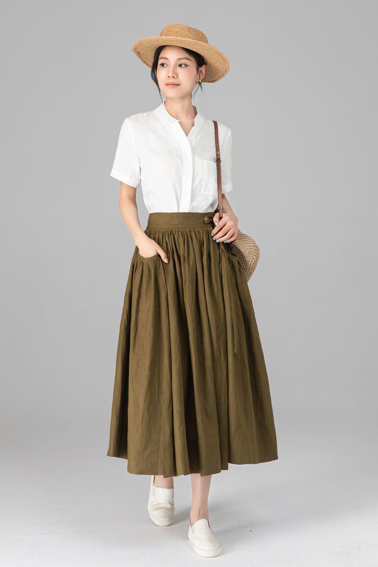 Olive Green Linen Midi Skirt - High Waisted A-Line with Pleats C5522