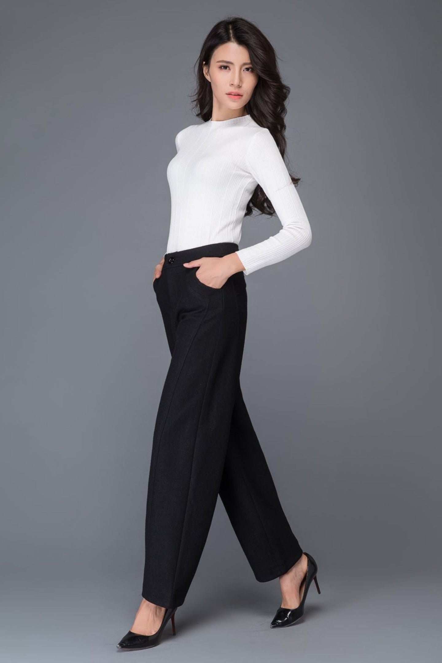 Black loose winter long wool trousers C1016