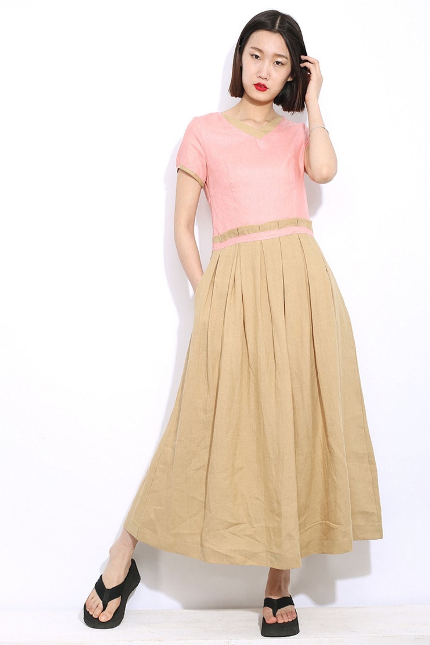 Long patchwork linen dress C296 – YLISTYLE