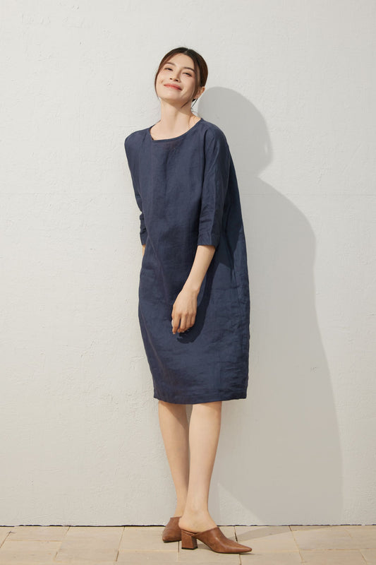 Elegant Navy Blue Linen Dress C3927