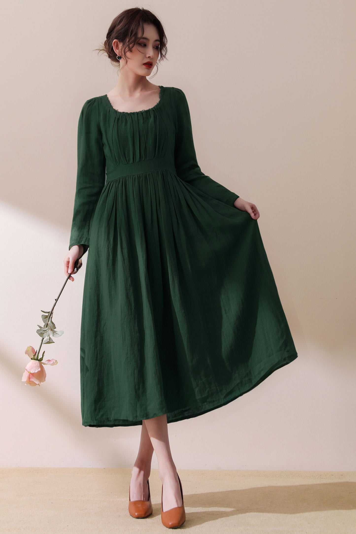 Spring Green Linen Midi Dress C3954