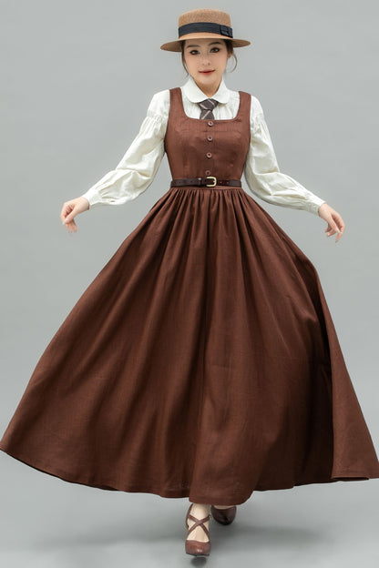 Brown linen Pinafore Maxi Dress C4746