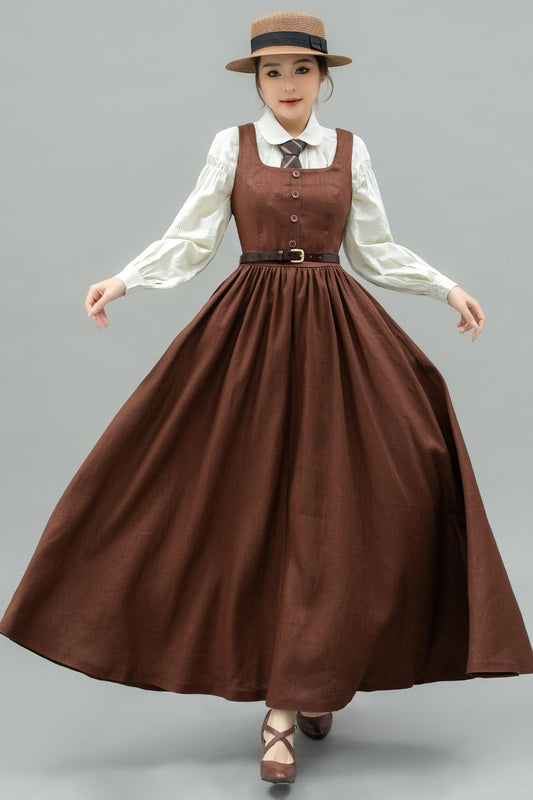 Brown linen Pinafore Maxi Dress C4746