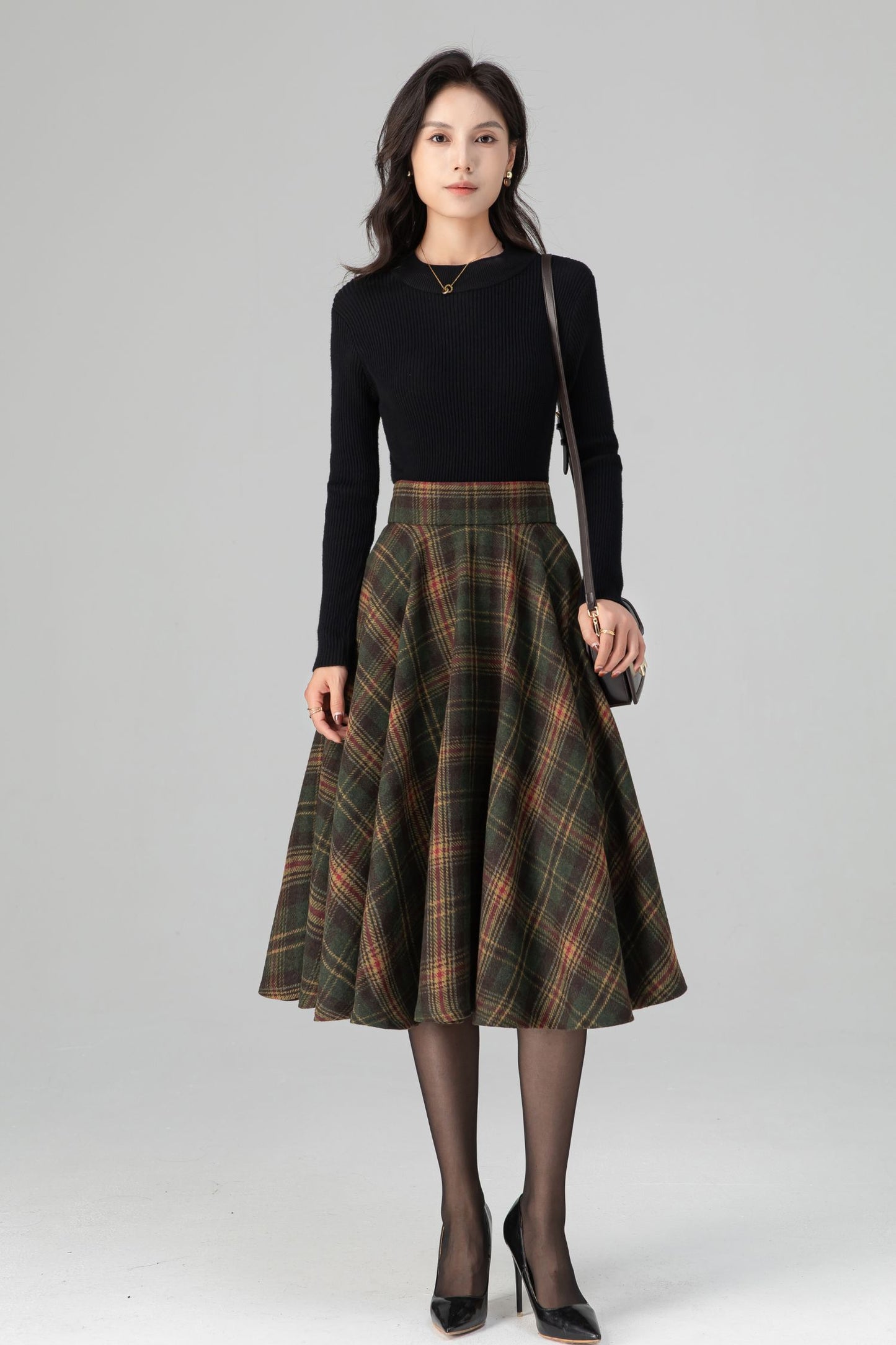 Swing Retro Tartan Midi Plaid Wool Skirt C5197