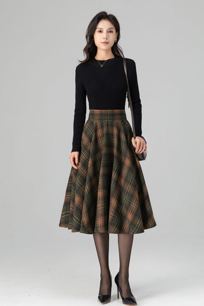 Swing Retro Tartan Midi Plaid Wool Skirt C5197