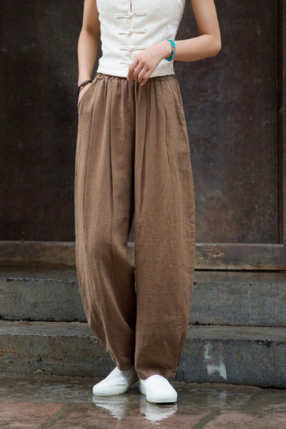 Orange Cotton Linen Lantern Pants - High Waist Wide Leg Comfort L0611