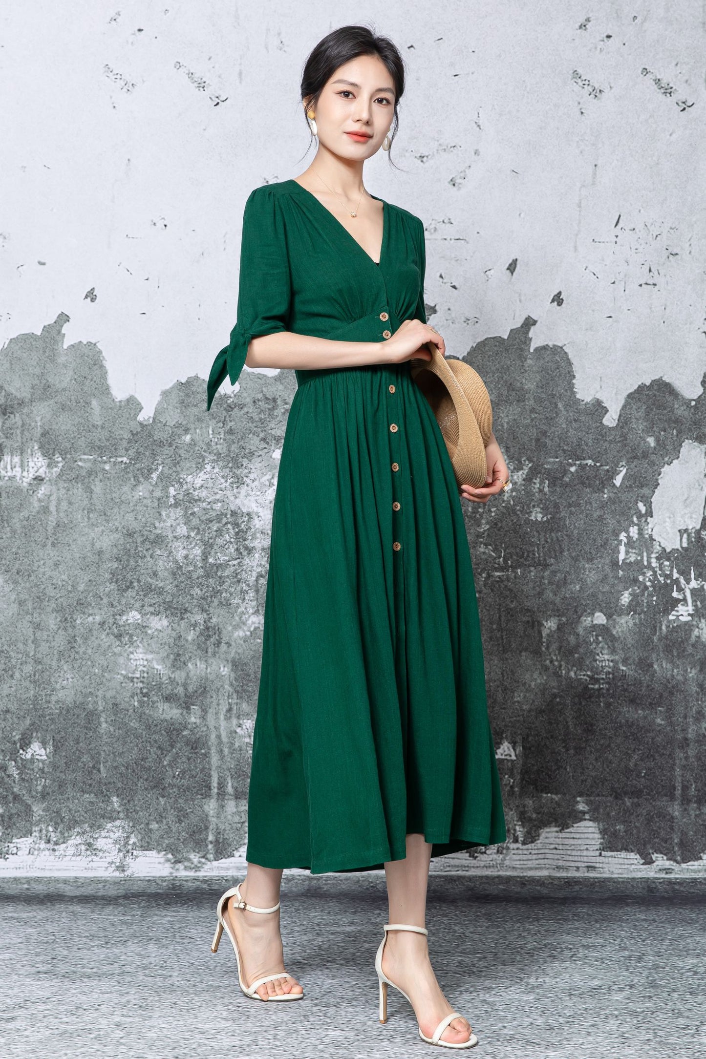 Dark Green Linen Midi Dress - V-Neck Button Front with Puff Sleeves c5473